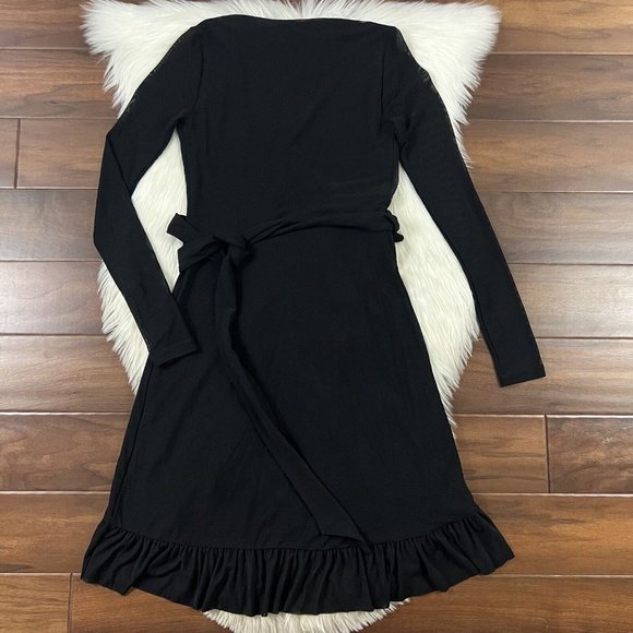 Ganni Size 34 Black Addison Ruffle Dot Mesh Wrap Dress Long Sleeve - Picture 7 of 11